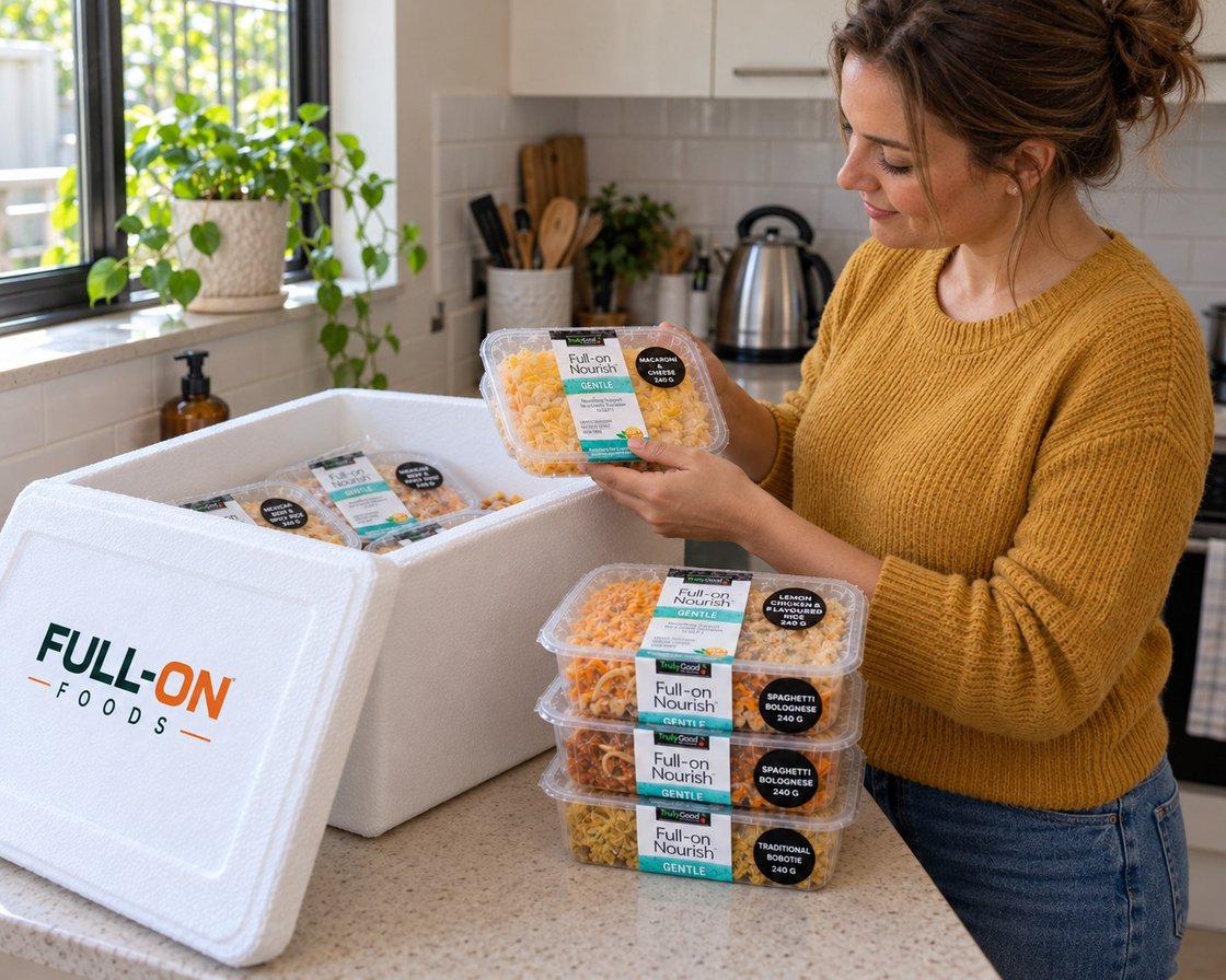 A member packing Full-on Nourish meals from her Full-on Foods box in her kitchen