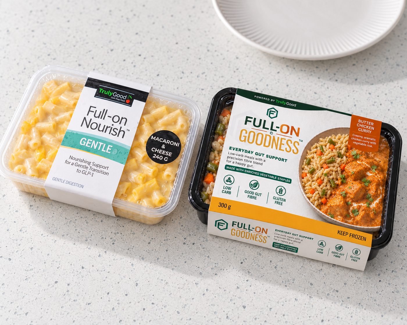 A Full-on Nourish tray and a Full-on Goodness tray side by side