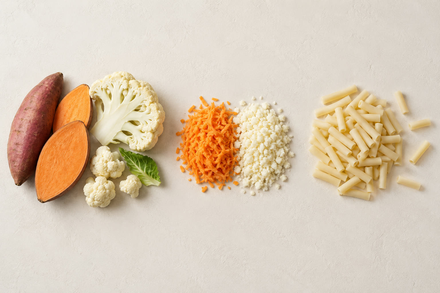 Sweet potato and cauliflower beside a heap of TrulyGood vegetable macaroni made from them