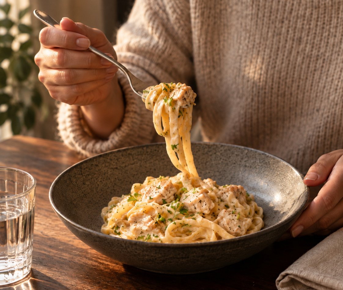 Chicken tagliatelle being eaten at home